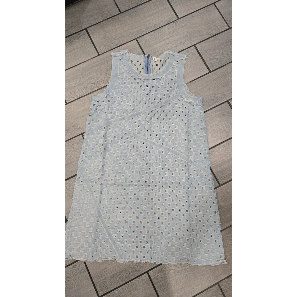 POL Light Wash Denim Eyelet Cutout Mini Dress Sleeveless Distressed Frayed Large